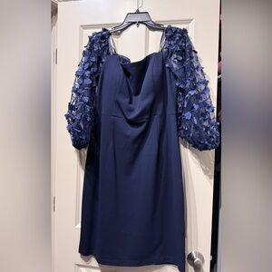 Eliza J Navy Dress with Textured Sleeves